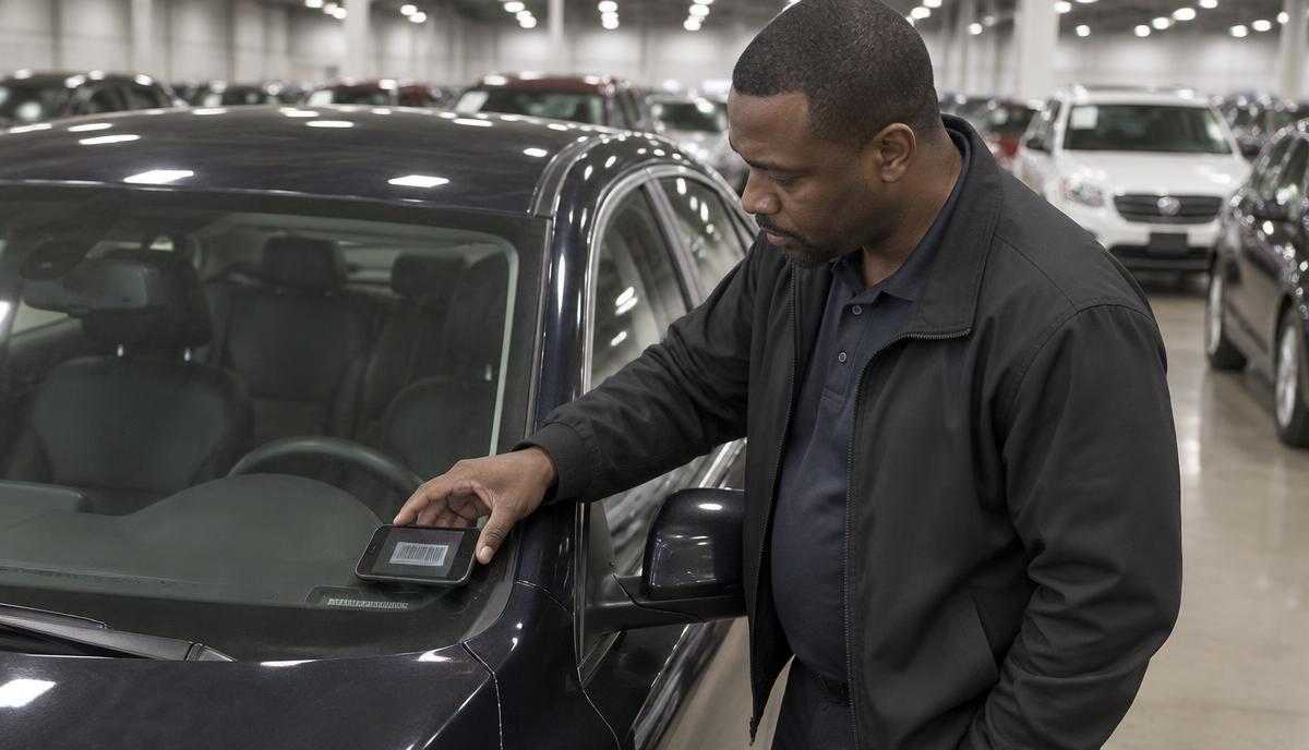 A dealer in an auction lane scanning the VIN plate on a windshield with his phone