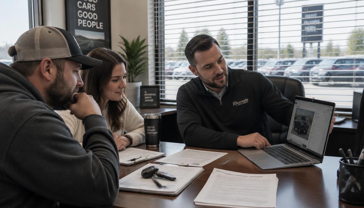 A dealer at his desk turning his laptop toward a couple to show them the deal on screen